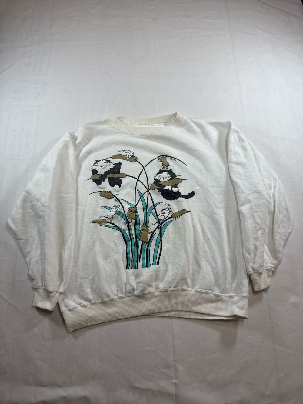 Vintage White Crewneck Cat And Mice Graphic Cattail 90s Vintage White Sweater